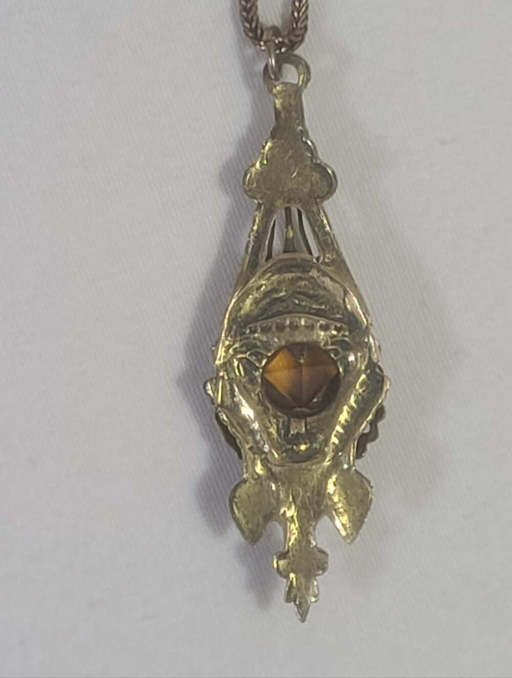 Antique Art Deco Orange Yellow Glass Gems Brass Pendant Necklace - Picture 7 of 14